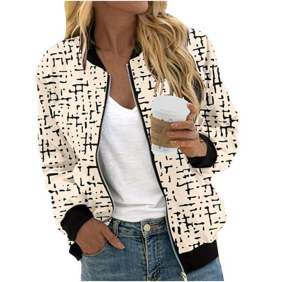 wdsxpo Bomber Jacket Women Long Sleeve Zip Up Printed Outerwear Lightweight Loose Trendy Fall Spring Windbreaker Outwear Jackets