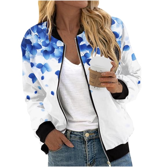 wdsxpo Bomber Jacket Women Long Sleeve Zip Up Printed Outerwear Lightweight Loose Trendy Fall Spring Windbreaker Outwear Jackets