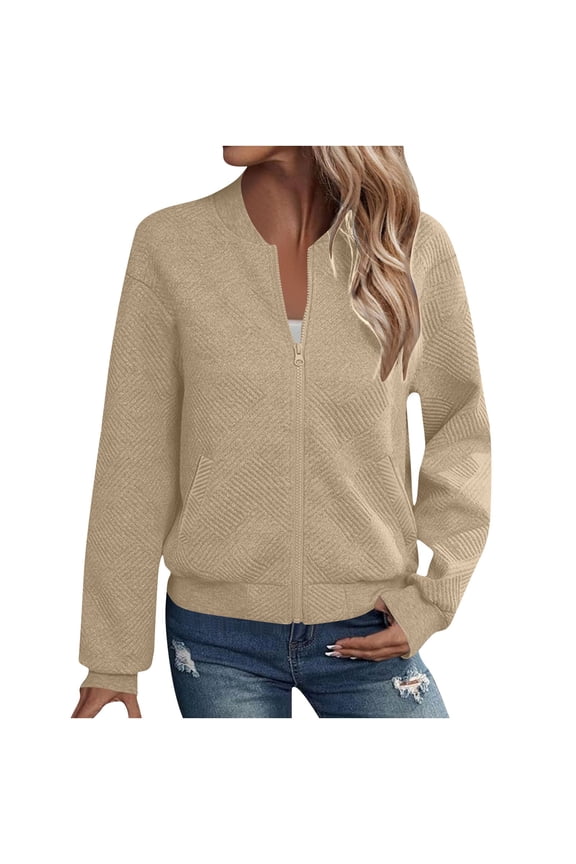 Bomber Jacket Women Textured Lightweight Zip Up Jackets Trenty Fall Athletic Outfits Loose Sweatshirt Jacket with Pockets