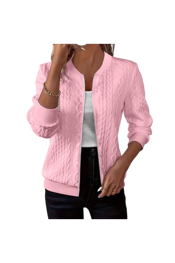 Bomber Jacket Women Trenty Knited Textured Lightweight Full Zip Up Jackets Fall Athletic Outfits Loose Sweatshirt Jacket
