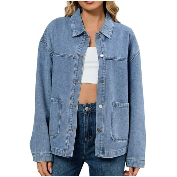 wdsxpo Denim Jacket for Women Oversized Button Down Jean Jacket Trendy Fall Boyfriend Denim Jackets Lightweight Loose Shacket Coats