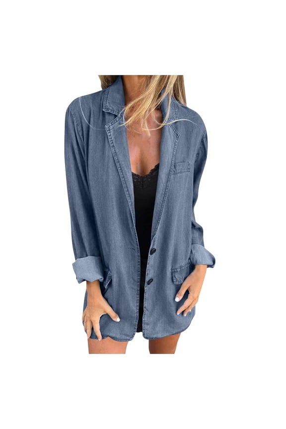 Denim Jacket for Women Oversized Button Notch Lapel Jean Jacket Trendy Fall Blazer Denim Jackets Light Loose Shacket Coats