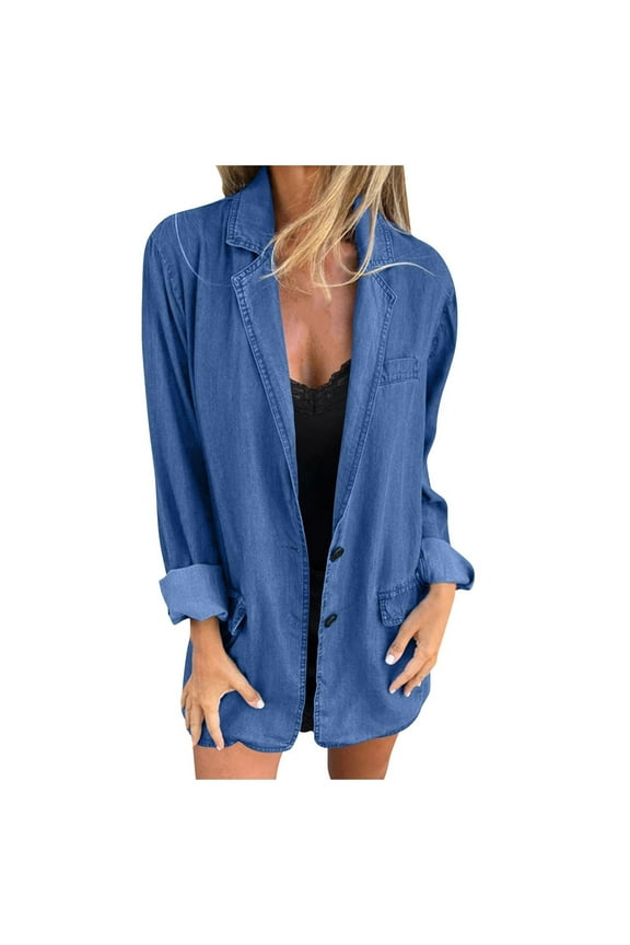 Denim Jacket for Women Oversized Button Notch Lapel Jean Jacket Trendy Fall Blazer Denim Jackets Light Loose Shacket Coats