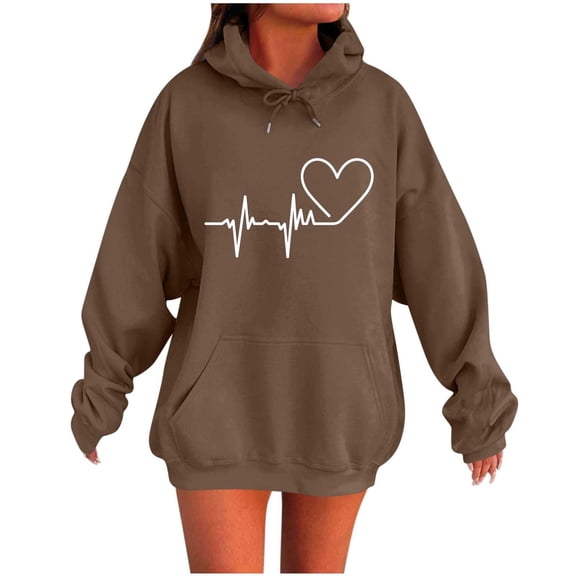wdsxpo Hoodies for Women Trendy Cute Love Graphic Oversized Pullover Long Sleeve Drawstring Fall Hooded Sweatshirt with Pocket
