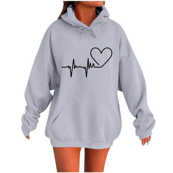 wdsxpo Hoodies for Women Trendy Cute Love Graphic Oversized Pullover Long Sleeve Drawstring Fall Hooded Sweatshirt with Pocket