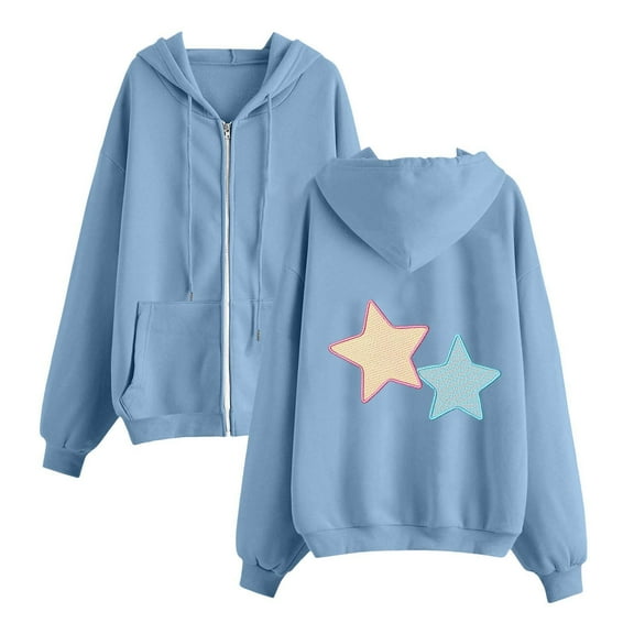 wdsxpo Hoodies for Women Y2k Oversized Cute Star Graphic Zip Up Hooded Sweatshirt Trendy Long Sleeve Drawstring Sweatshirts