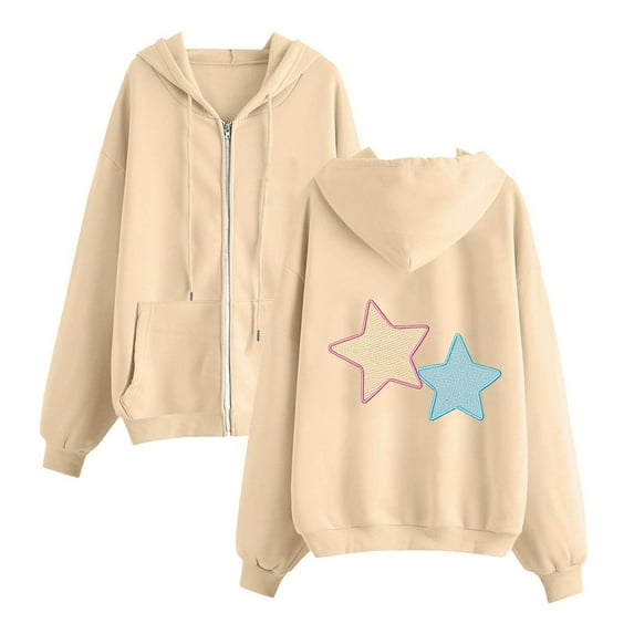 wdsxpo Hoodies for Women Y2k Oversized Cute Star Graphic Zip Up Hooded Sweatshirt Trendy Long Sleeve Drawstring Sweatshirts