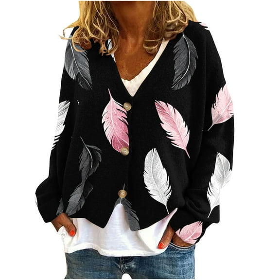 wdsxpo Jackets for Women Button Down Long Sleeve Jackets Fall Trendy Loose Floral Printed V Neck Casual Cardigans Outerwear Coat