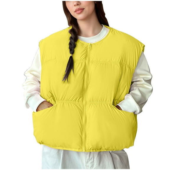 wdsxpo Jackets for Women Cute Puffer Vest Zip Up Crew Neck Lightweight Padded Puffy Vests Outerwear Winter Casual Sleeveless Jacket