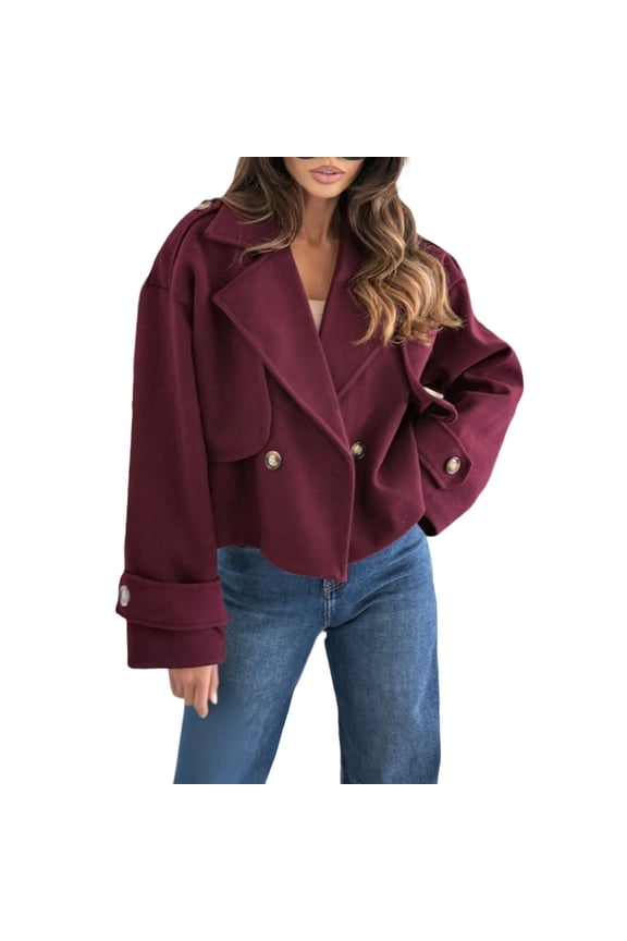 Jackets for Women Trendy Double Breasted Notch Lapel Crop Trench Coat Raglan Sleeve Work Office Cropped Jacket With Pockets