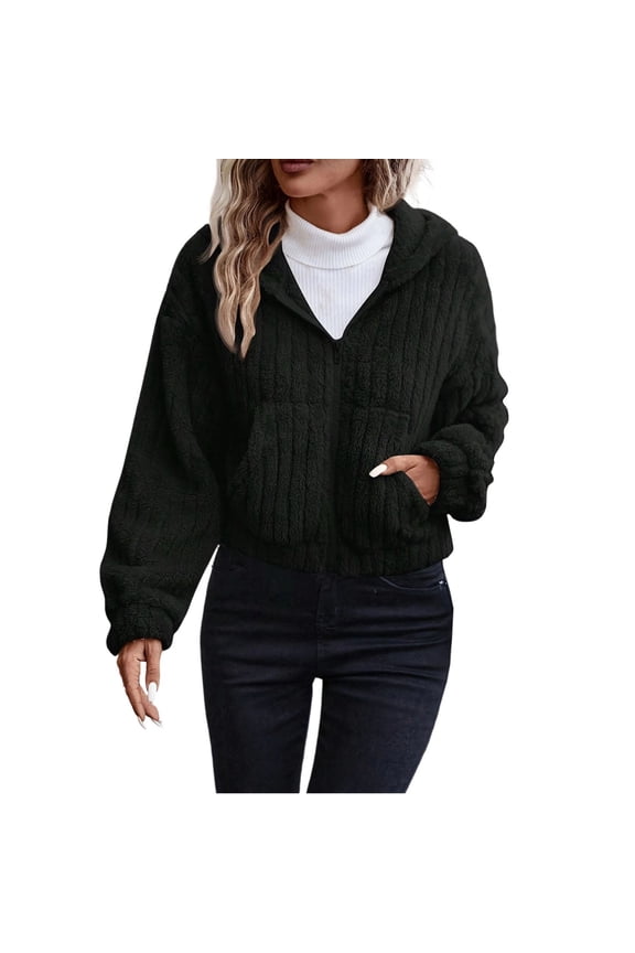 Jackets for Women Trendy Fuzzy Hoodie Fleece Sherpa Winter Warm Jackets Long Sleeve Zip Up Hooded Casual Coat with Pockets