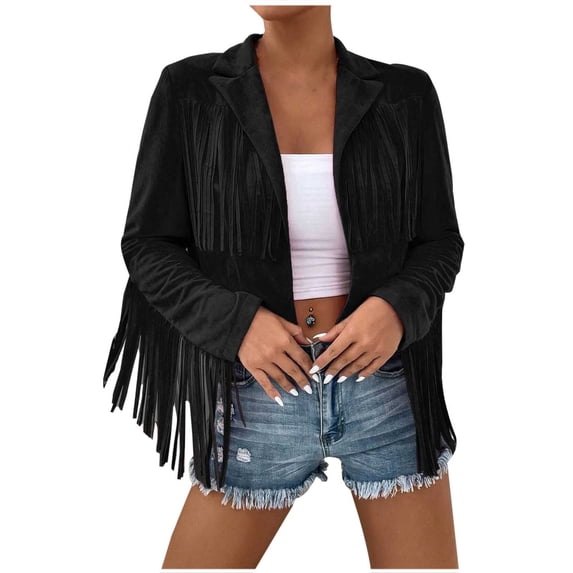 wdsxpo Jackets for Women Trendy Tassel Faux Suede Leather Jackets Vintage Western Fringe Jacket Classic Motorcycle Crop Coats