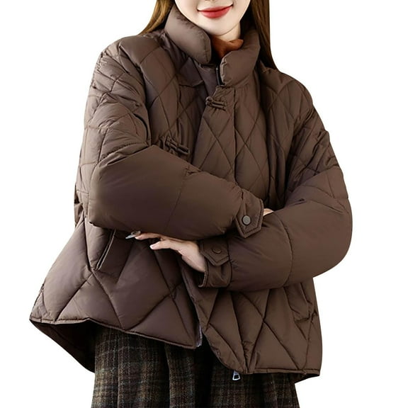wdsxpo Jackets for Womens Trendy Loose Fit Quilted Puffer Jacket Mid-Length Padded Warm Winter Windproof Parka Coat with Pockets