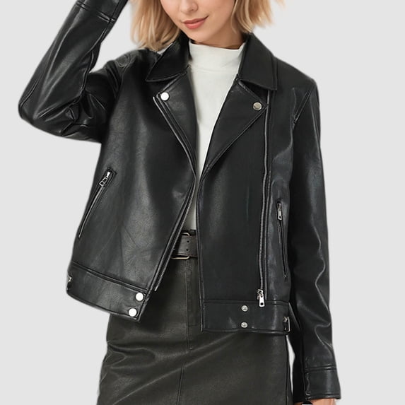 wdsxpo Leather Jackets Women Trendy Faux Leather Motorcycle Streetwear Jackets Casual Classic Black PU Slim Short Biker Lapel Coats