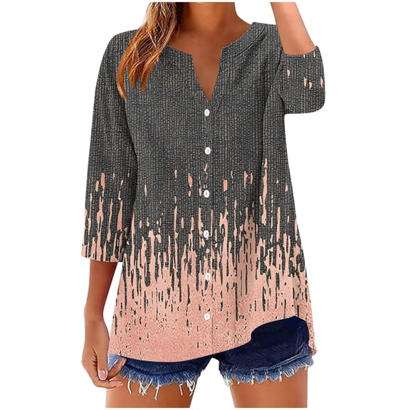 wdsxpo Mens Linen Shirts 3/4 Length Sleeve Tops Loose Fit Casual V Neck Button Down T Shirt Cute Printed Blouse Fall Fashion Clothes