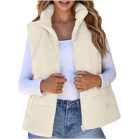 wdsxpo Puffer Jacket Women Corduroy Cropped Stand Collar Vest Lightweight Padded Outerwear Winter Warm Zip Up Coat with Pockets