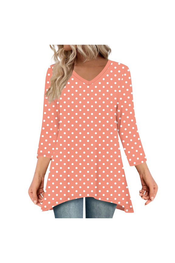 Shirts for Women 3/4 Sleeve Tunic Tops Trendy Dressy Going Out Casual Blouse Fall Loose V Neck Flowy Polka Dots Shirts