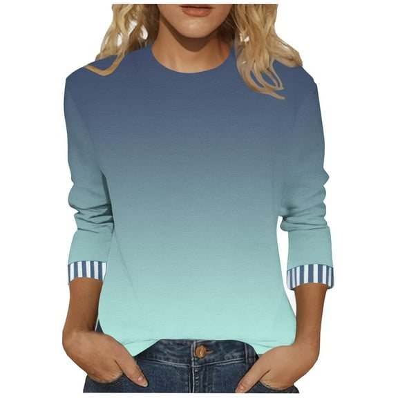 wdsxpo Shirts for Womens 3/4 Sleeve Casual Crewneck Shirts Gradient Basic Tees Dressy Tunic Business Work Shirts Fall Fashion Tops