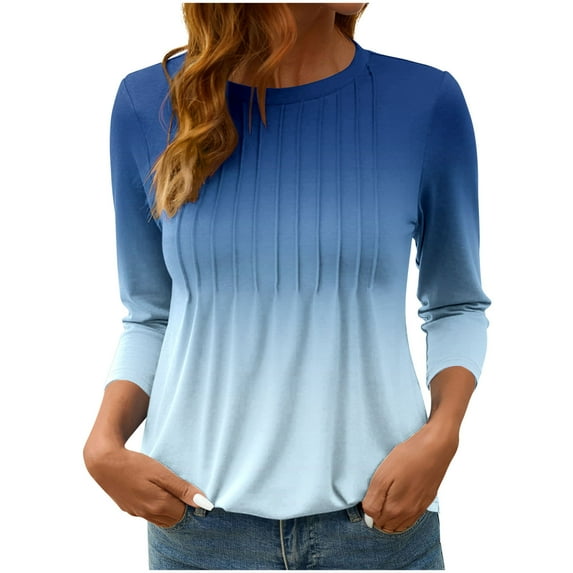 wdsxpo Shirts for Womens 3/4 Sleeve Shirts Trendy Gradient Color Block Tops Fall Fashion Clothing Ribbed Crewneck Tee Blouses