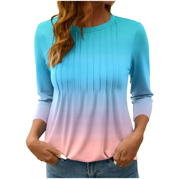 wdsxpo Shirts for Womens 3/4 Sleeve Shirts Trendy Gradient Color Block Tops Fall Fashion Clothing Ribbed Crewneck Tee Blouses