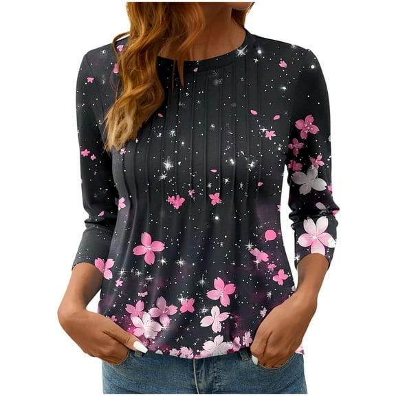 wdsxpo Shirts for Womens 3/4 Sleeve Shirts Trendy Printed Oversized Tops Fall Fashion Clothing Ribbed Crewneck Tee Blouses