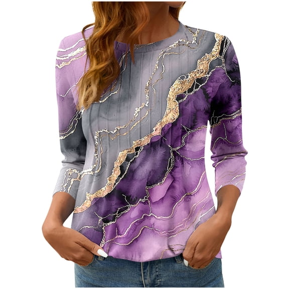 wdsxpo Shirts for Womens 3/4 Sleeve Shirts Trendy Printed Oversized Tops Fall Fashion Clothing Ribbed Crewneck Tee Blouses