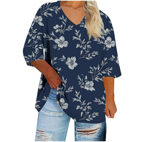 wdsxpo Shirts for Womens 3/4 Sleeve Shirts Trendy Printed Oversized Tops Fall Fashion Clothing Ribbed V Neck Tee Blouses Plus Size