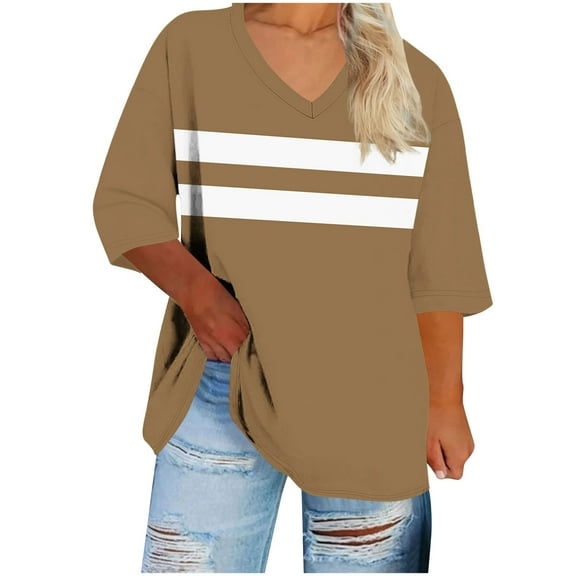 wdsxpo Shirts for Womens 3/4 Sleeve Shirts Trendy Printed Oversized Tops Fall Fashion Clothing Ribbed V Neck Tee Blouses Plus Size