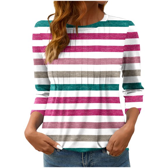 wdsxpo Shirts for Womens 3/4 Sleeve Shirts Trendy Striped Color Block Tops Fall Fashion Clothing Ribbed Crewneck Tee Blouses