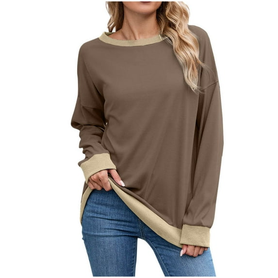 wdsxpo Sweatshirt for Women Oversized Crewnck Long Sleeve Pullover Trendy Color Block Ribbed Hem Sweatshirt Fall Fashion Clothes