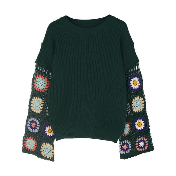 wdsxpo Sweatshirt for Women Trendy Floral Long Sleeve Crochet Sweaters Crewneck Neck Hollow Out Knit Pulover Fall Fashion Clothes