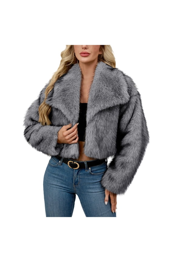 Winter Jackets for Women Casual Faux Fur Open Front Lapel Crop Coat Trendy Fluffy Warm Shaggy Furry Long Sleeve Jackets
