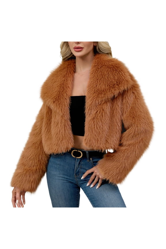 Winter Jackets for Women Trendy Faux Fur Solid Open Front Lapel Crop Coat Long Sleeve Fluffy Warm Shaggy Furry Jackets