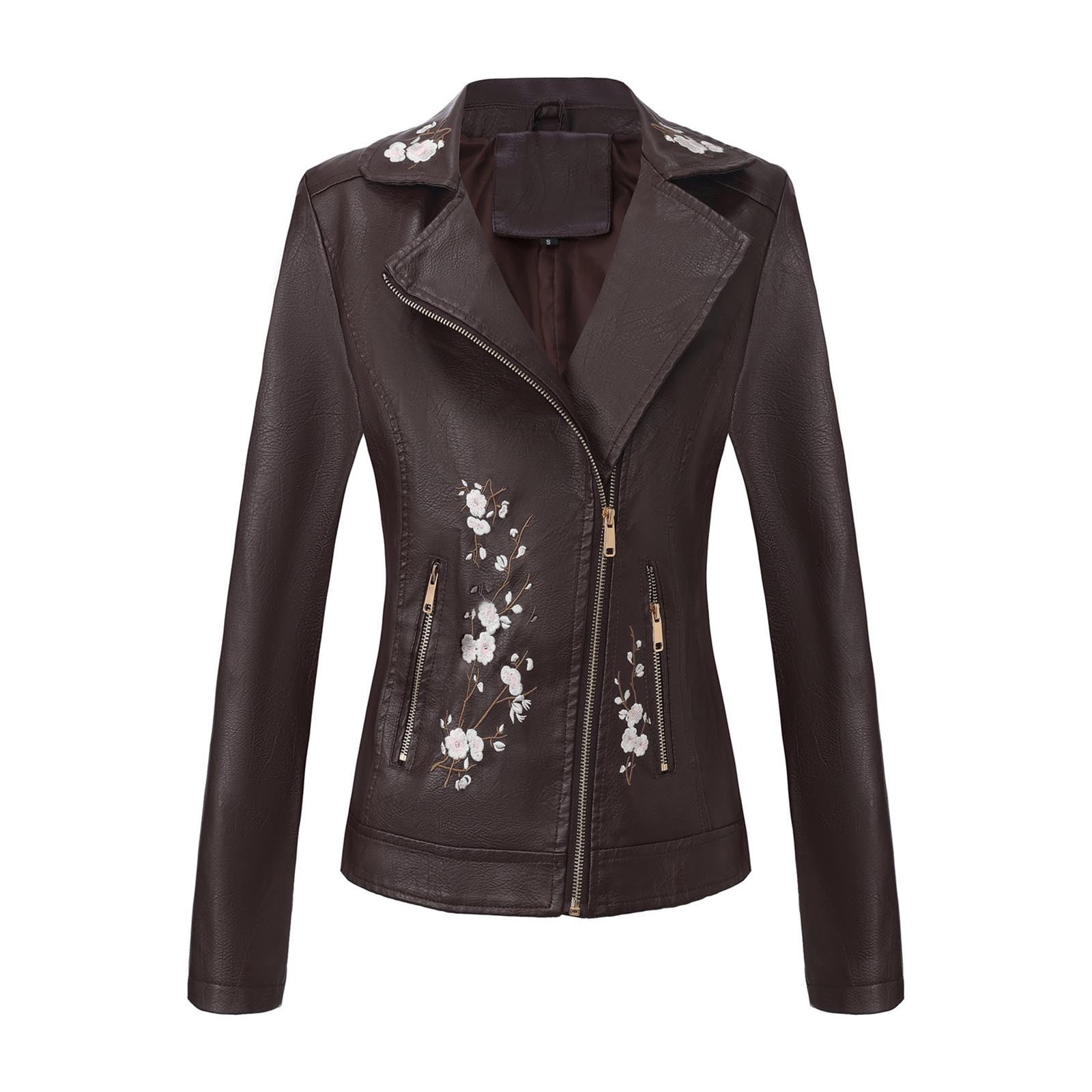 wdsxpo Women Faux Leather Jacket Studded Rivet Floral Moto Biker Coat Embroidered Trendy Lightweight Streetwear Jackets for Women