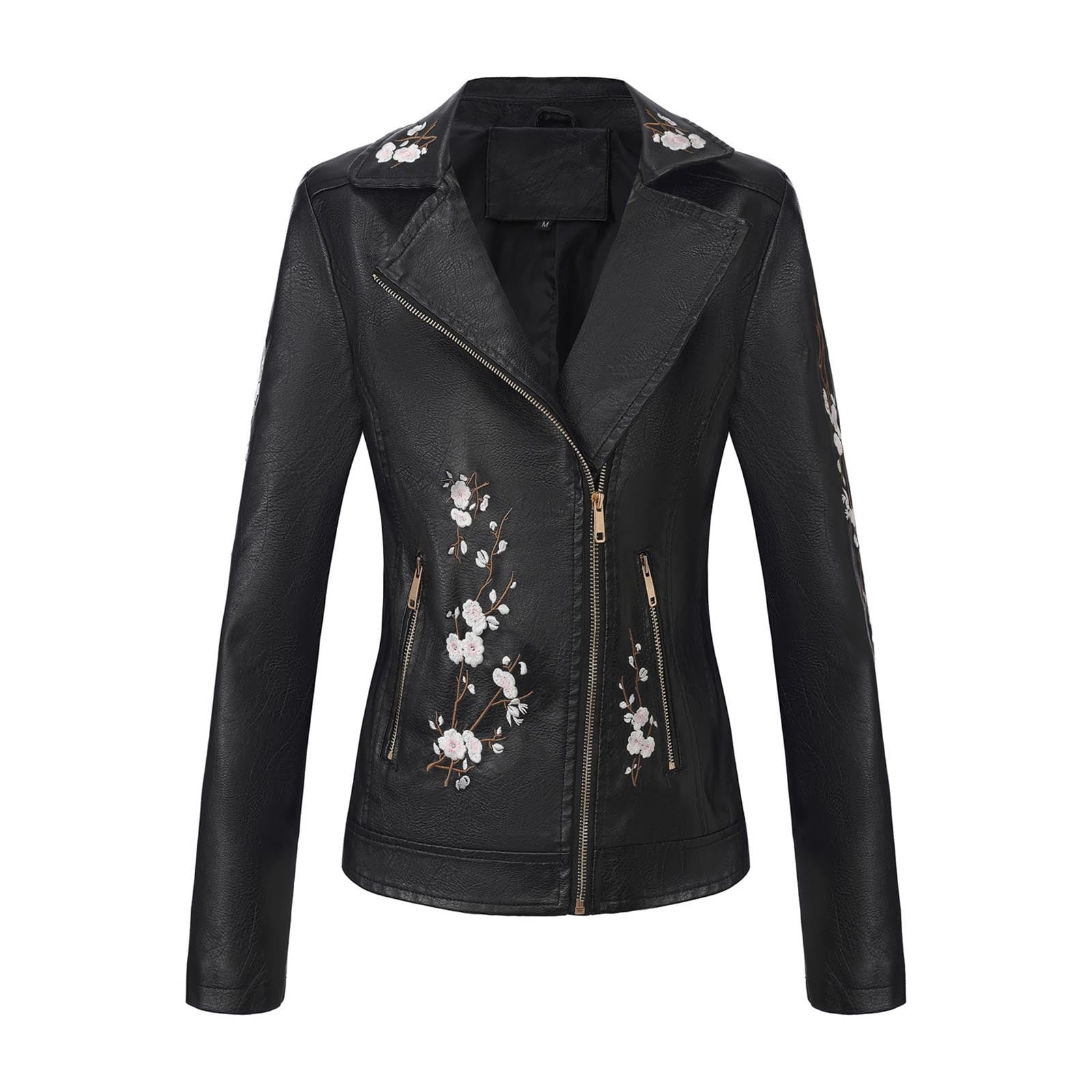 wdsxpo Women Faux Leather Jacket Studded Rivet Floral Moto Biker Coat Embroidered Trendy Lightweight Streetwear Jackets for Women