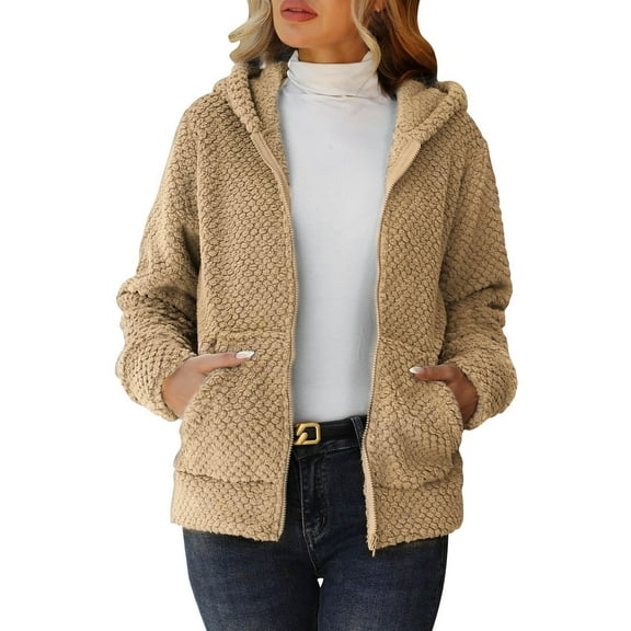 wdsxpo Women Winter Fleece Zip Up Jacket with Hood Soft Outerwear Coat Cozy Thermal Lined Long Sleeve Hooded Jackets with Pocket