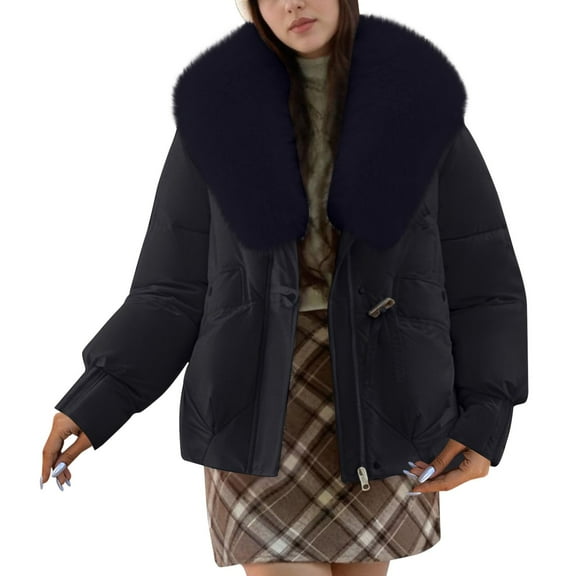 wdsxpo Women Winter Puffer Jacket Casual Faux Fur Lapel Zip Up Quilted Jacket Warm Down Coat with Pockets Fashion Cozy Clothing