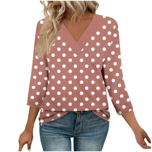 wdsxpo Women's 3/4 Length Sleeve Shirts Casual Polka Dot V Neck Shirts Dressy Tunic Business Work Blouses Fall Fashion Clothes