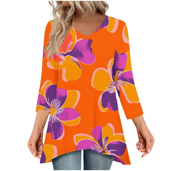 wdsxpo Women's 3/4 Sleeve Shirts Trendy Printed Lightweight V Neck High-Low Hem Tunic Shirts Casual Fall Fashion Blouses Outfits
