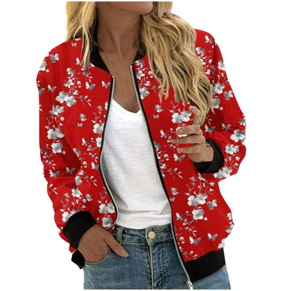 wdsxpo Women's Bomber Jacket Casual Coat Zip Up Outerwear Windbreaker with Pockets Lightweight Graphic Trendy Slim Fall Jackets