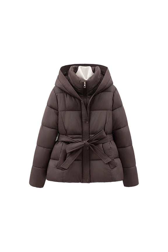 Women's Full Zip Up Puffer Jackets Stand Collar Button Up Hooded Winter Down Jacket With Waistband Thermal with Pockets