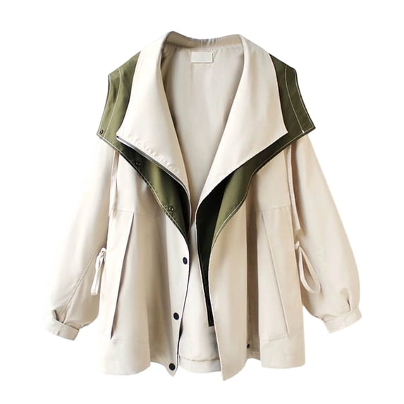 wdsxpo Women's Hooded Trench Coat Lightweight Lapel Button Down Jacket Color Block Mid-Length Windbreaker Jackets Fashion Clothes