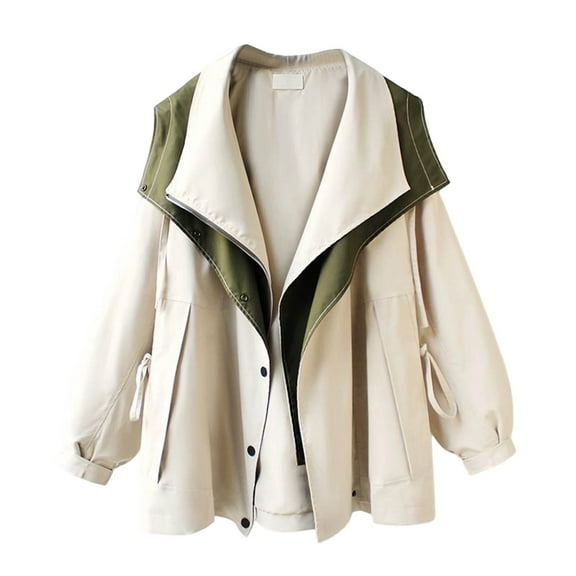 wdsxpo Women's Hooded Trench Coat Lightweight Lapel Button Down Jacket Color Block Mid-Length Windbreaker Jackets Fashion Clothes