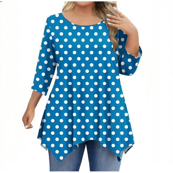 wdsxpo Womens 3/4 Length Sleeve Shirts Casual Polka Dot Crewneck Shirts High-Low Hem Dressy Tunic Business Work Blouses Plus Size