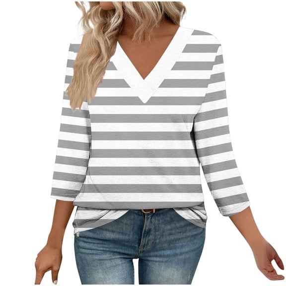 wdsxpo Womens 3/4 Length Sleeve Shirts Casual V Neck Shirts Printed Basic Tees Dressy Tunic Business Work Shirts Fall Fashion Tops