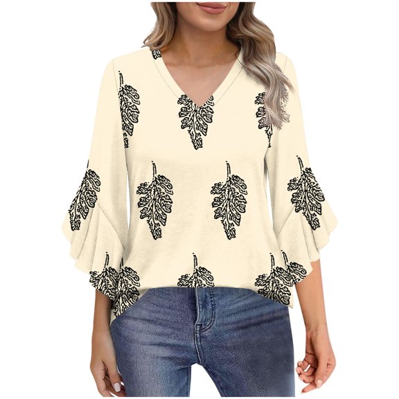 wdsxpo Womens 3/4 Length Sleeve Shirts Casual V Neck Shirts Printed Basic Tees Dressy Tunic Business Work Shirts Fall Fashion Tops