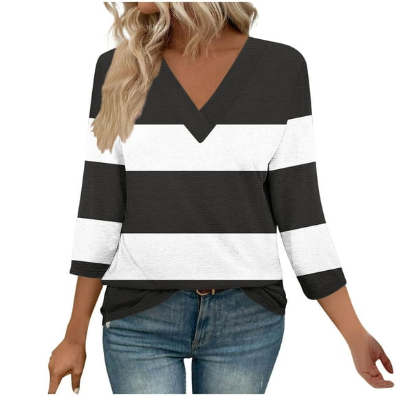 wdsxpo Womens 3/4 Length Sleeve Shirts Casual V Neck Shirts Striped Basic Tees Dressy Tunic Business Work Shirts Fall Fashion Clothes