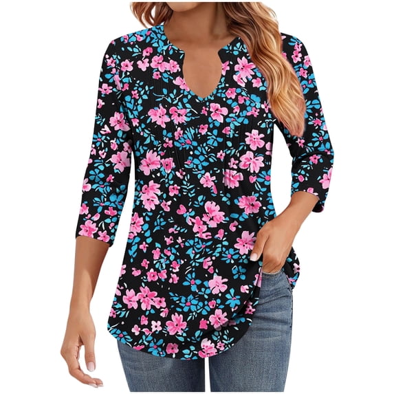 wdsxpo Womens 3/4 Sleeve Shirts Trendy V-Neck Casual Pleated Blouses Going Out Shirts Beach Vacation Fall Fashion Clothes Outfits
