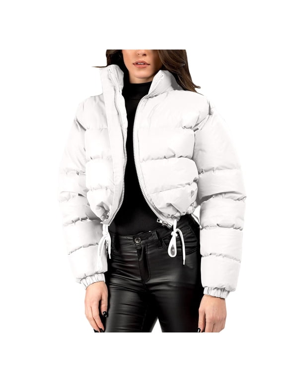 Womens Cropped Puffer Jacket Trendy Zip Up Winter Short Quilted Jackets Bubble Coat Classic Stand Collar Padded Down Coats