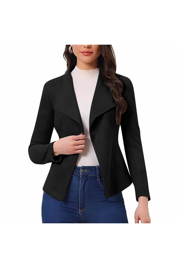 Womens Faux Leather Jackets Trendy Suede Open Front Cropped Coat Fashion Elegant Lightweight Work Office Jackets for Women